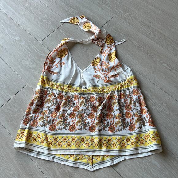 J Crew Open Back Halter Top In Sunset Rose Block Print Top Medium Yellow - Picture 10 of 11